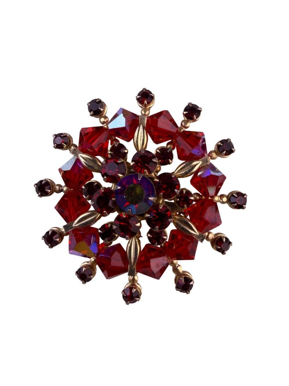 Silver Tone Womens Red Crystal Snowflake Brooch Costume Jewelry Round Design